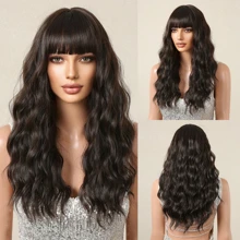 天然假髮女式長發全頭套新款時尚大波浪中長捲髮假髮高溫合成纖維假髮，持久，不纏結耐熱，吹乾捲曲，耐用造型，這款時尚假髮立即變得時尚，擁抱長發 - Dark Brown - 查看 2