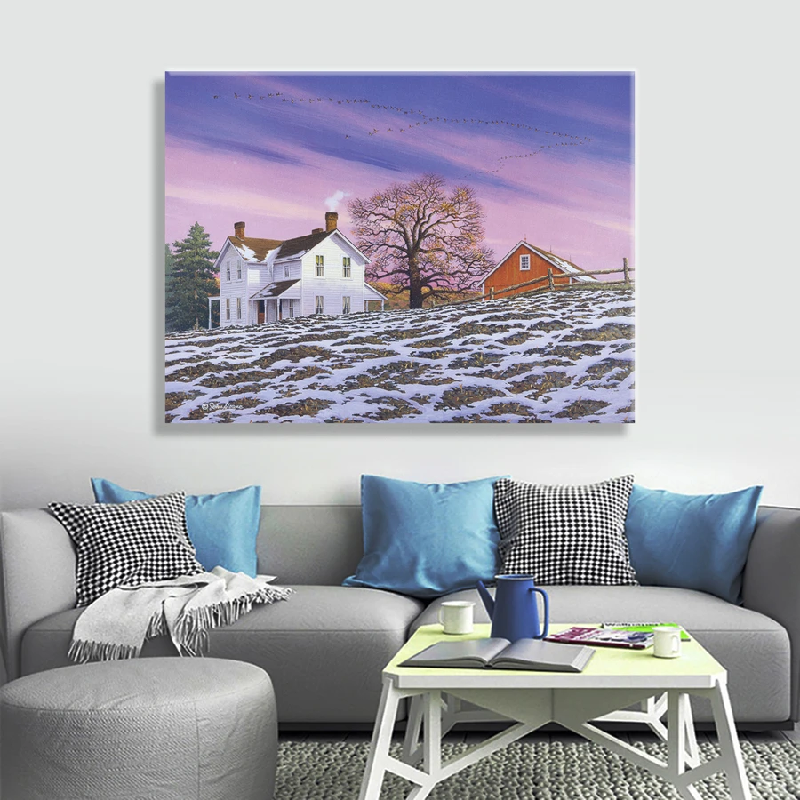 Vintage Rural Snow Day Retro 70s 80s Style Countryside Painting Modern Decor Wall Art Canvas Village Painting Contemporary Decor Canvas Living Room - DW0003 - 查看 1