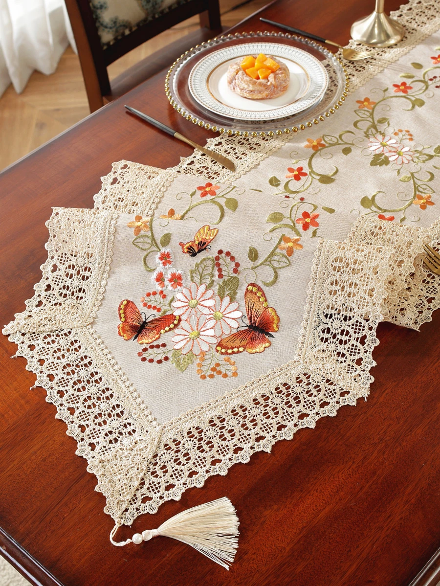 1 Peça Trilho de Mesa Bordado em Renda Vazada com Borlas, Tecido Metálico Brilhante 100% Poliéster, Bordado Delicado Solúvel em Água, Decoração Doméstica, Interno e Externo, Festa de Casamento - Multicolorido - Visão 1