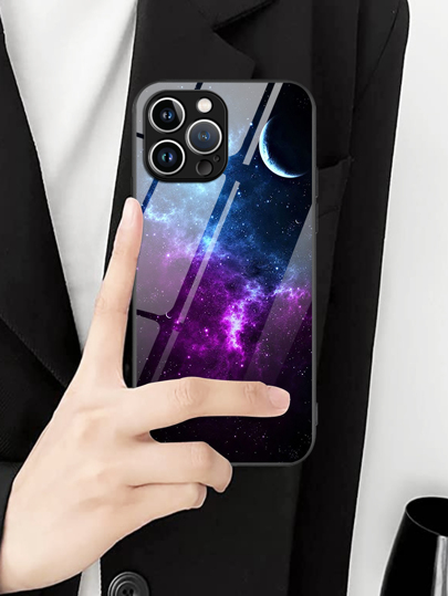 1pc Blue Purple Moon Pattern Glass Phone Case Compatible With Apple IPhone 16 Pro Max/16 Pro/16 Plus/16, Galaxy A55/A54/A53, S24 Plus/S24 Ultra/S24 FE/S24, Pixel 9/9 Pro/9 Pro XL
