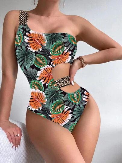 熱帶圖案鏤空單肩連體泳衣