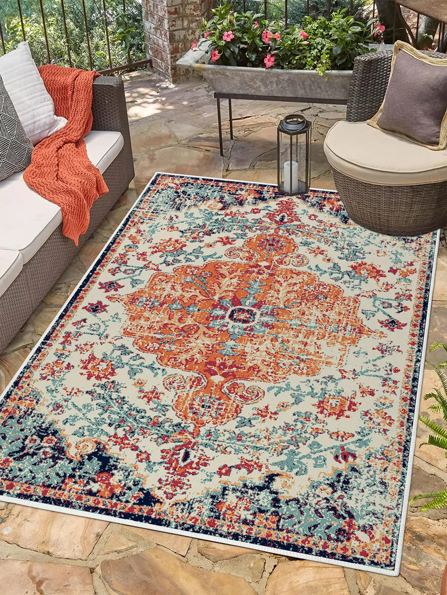 1入組卷軸圖案戶外地毯,復古防滑地面地毯適用於客廳,臥室 - 彩色 - 查看 1