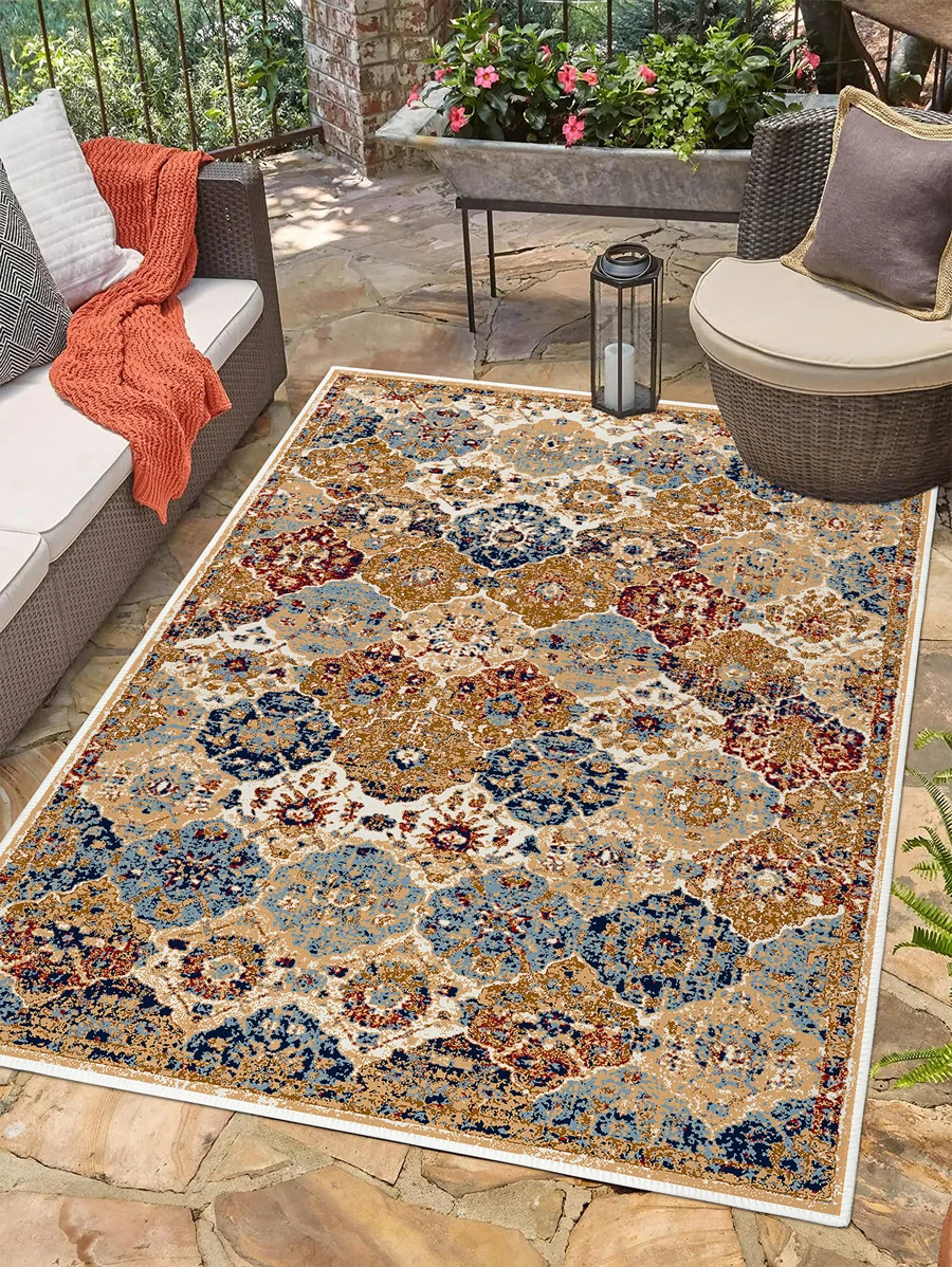 1入組卷軸圖案戶外地毯,復古防滑地面地毯適用於客廳,臥室 - 彩色 - 查看 1