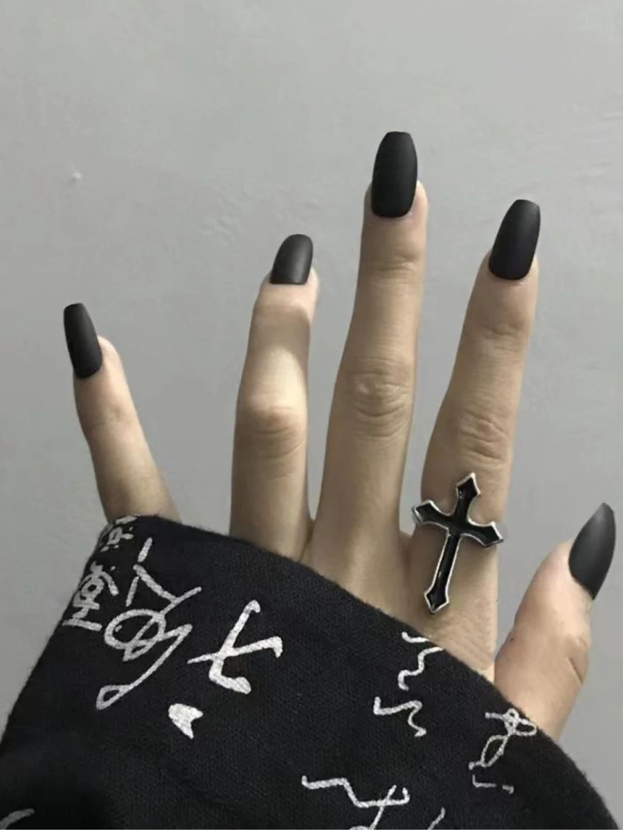 1件个性化复古黑色水滴油十字架设计可调节开口戒指 - 黑色 - 查看 1