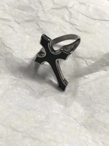 1件个性化复古黑色水滴油十字架设计可调节开口戒指 - 黑色 - 查看 4