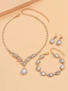 金色新娘水晶項鍊耳環套裝婚禮珠寶套裝鑲鑽石頸圈晚裝配飾首飾套裝,適用於女性和女孩(3件套裝- 2個耳環和1條項鍊)