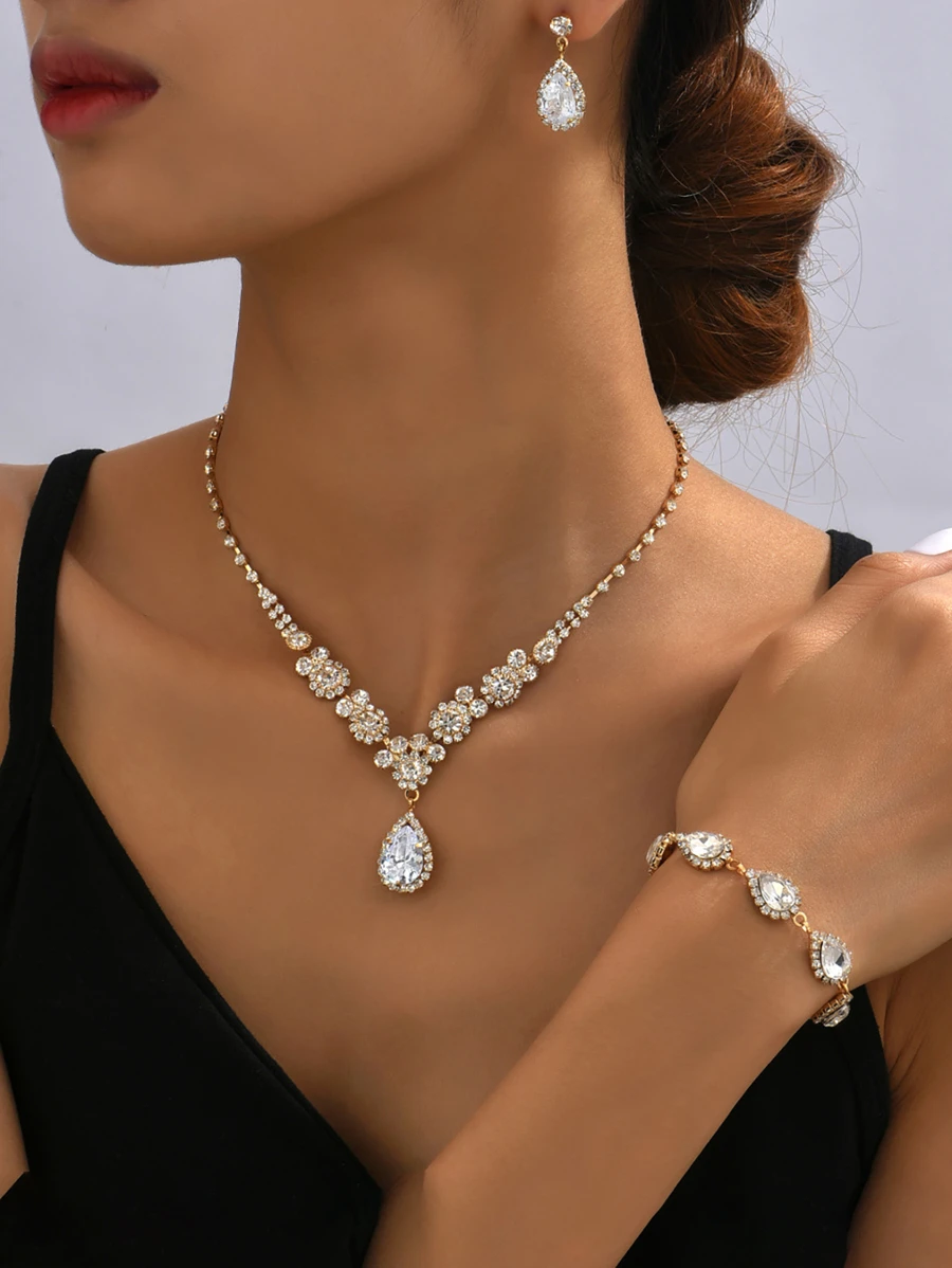 金色新娘水晶項鍊耳環套裝婚禮珠寶套裝鑲鑽石頸圈晚裝配飾首飾套裝,適用於女性和女孩(3件套裝- 2個耳環和1條項鍊)