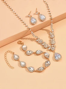 金色新娘水晶項鍊耳環套裝婚禮珠寶套裝鑲鑽石頸圈晚裝配飾首飾套裝,適用於女性和女孩(3件套裝- 2個耳環和1條項鍊)