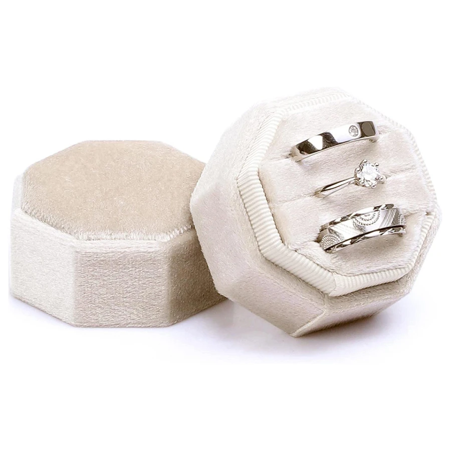 Velvet Ring Box, 3 Slots Jewelry Ring Gift Box Vintage Ring Display Holder Case for Wedding Ceremony Proposal Engagement - Beige - View 1