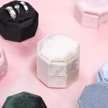 Velvet Ring Box, 3 Slots Jewelry Ring Gift Box Vintage Ring Display Holder Case for Wedding Ceremony Proposal Engagement - Beige - View 5