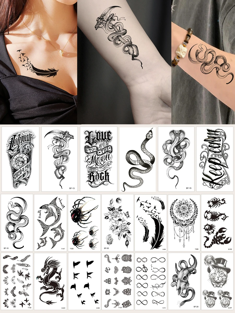 20张黑色小动物蛇手指和前臂临时纹身贴纸 - 黑色 - 查看 1