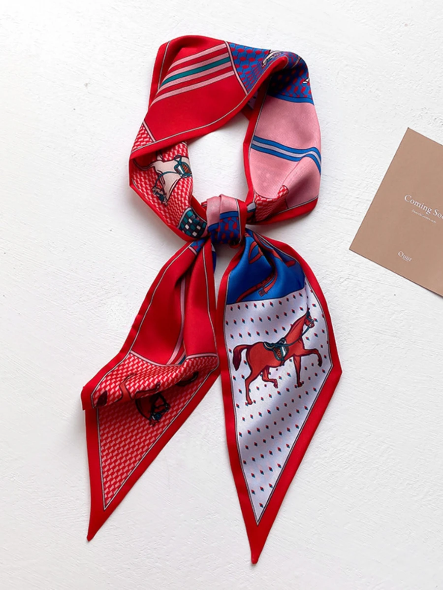 Horse & Polka Dot Print Skinny Scarf - Red - View 1