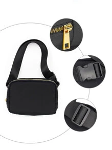 黑色尼龍防水腰包,無性別限制,搭配拉鍊設計,適用於戶外跑步、斜背包、瑜珈包,可調節肩帶,收納便攜包