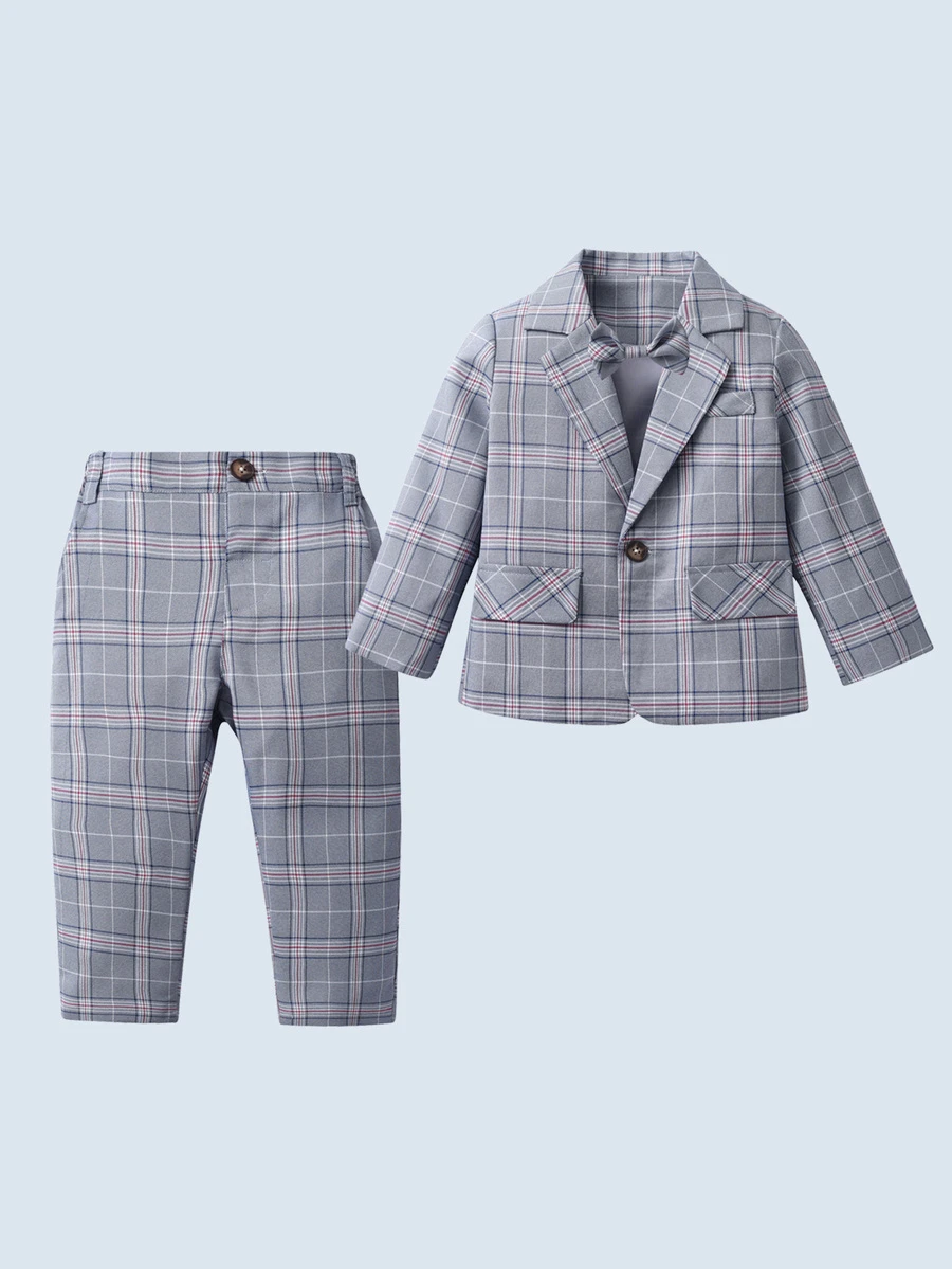 BOARNSEORL 2 件套男童西装，配领结，随机蓝色格子裤，适合生日派对、迎婴派对、婚礼、节日活动