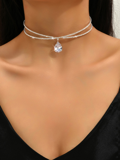 Cubic Zirconia Water-Drop Charm Layered Choker