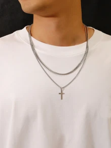 2入組/套男士十字吊墜項鍊 - 銀色 - 查看 1
