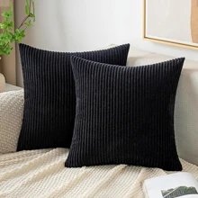 Juego De Funda De Almohada Cuadrada Decorativa A Rayas De Pana Negra Suave Y Lisa Para Cojín, Sofá Y Dormitorio (núcleo De Almohada No Incluido), 1 Ud. - Negro - Ver 1