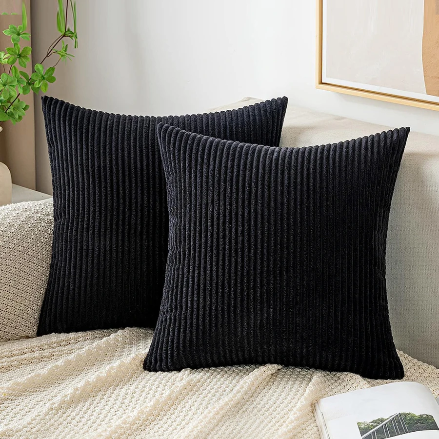 Juego De Funda De Almohada Cuadrada Decorativa A Rayas De Pana Negra Suave Y Lisa Para Cojín, Sofá Y Dormitorio (núcleo De Almohada No Incluido), 1 Ud. - Negro - Ver 1