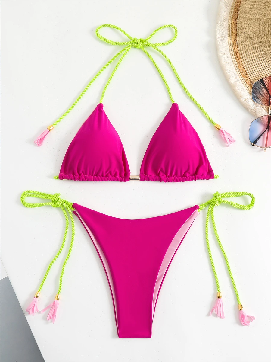 Tassel Tie Side Halter Triangle Bikini - Hot Pink - View 1