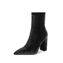 WETKISS Women Rhinestones Boots Suede Ankle Boots with Chunky Heel, Pointed Toe, Side Zipper - màu đen - Xem 1
