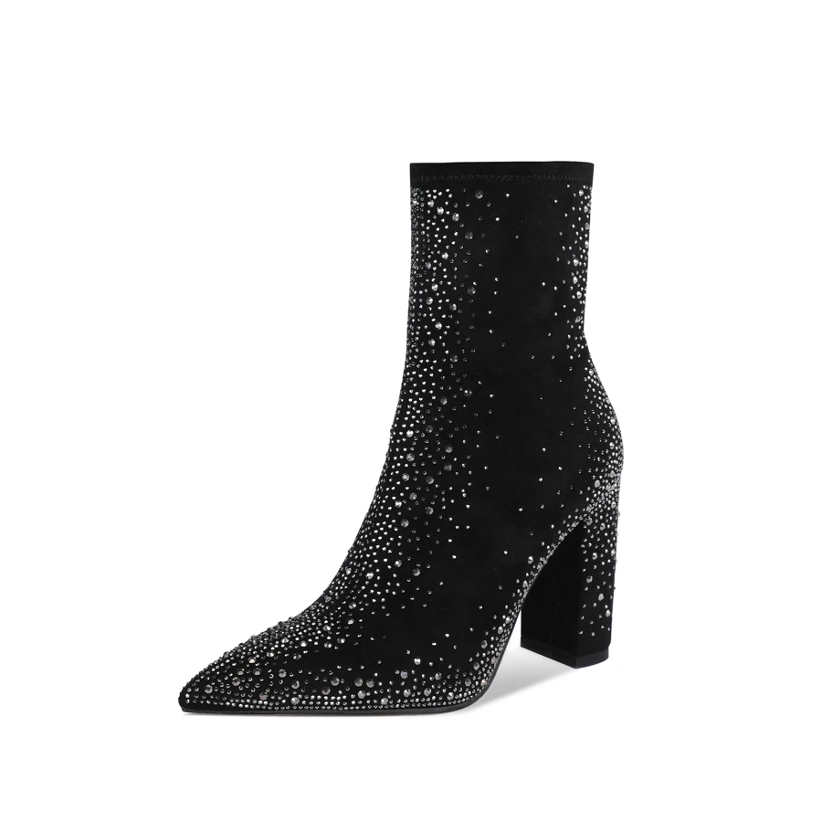 WETKISS Women Rhinestones Boots Suede Ankle Boots with Chunky Heel, Pointed Toe, Side Zipper - màu đen - Xem 1