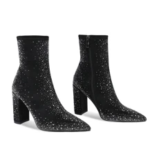 WETKISS Women Rhinestones Boots Suede Ankle Boots with Chunky Heel, Pointed Toe, Side Zipper - màu đen - Xem 5