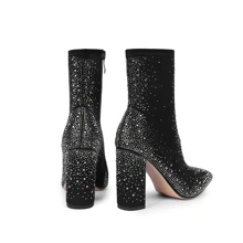 WETKISS Women Rhinestones Boots Suede Ankle Boots with Chunky Heel, Pointed Toe, Side Zipper - màu đen - Xem 6