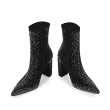 WETKISS Women Rhinestones Boots Suede Ankle Boots with Chunky Heel, Pointed Toe, Side Zipper - màu đen - Xem 7