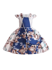 年輕女孩緞面花朵圖案點綴洋裝帶隨機切花朵設計,花樣洋裝帶斜挎包 - 彩色 - 查看 1