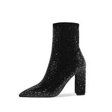 WETKISS Women Rhinestones Boots Suede Ankle Boots with Chunky Heel, Pointed Toe, Side Zipper - màu đen - Xem 3