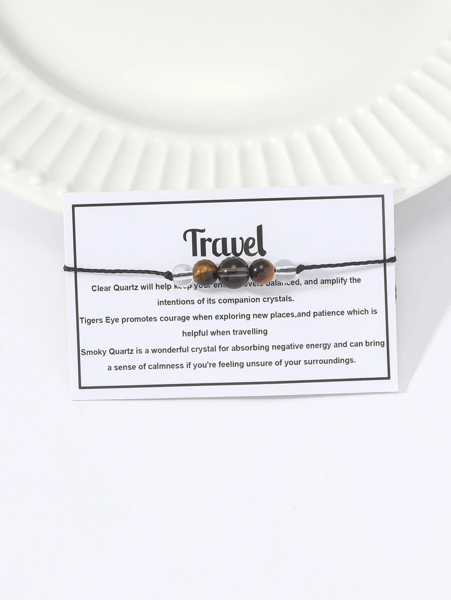 1pc Tiger Eye Beaded Bracelet With Travel Is Freedom Woven Design - Multicolor - View 1