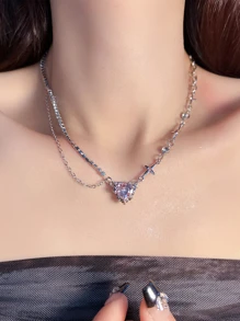 1入組時尚獨特黑色熔岩和紅色心形吊墜女士項鍊，結婚禮物 - 粉色 - 查看 3