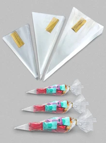 50pcs Clear Packaging Bag With 50pcs Twist Tie School Supplies Food Bag Food Box Suitable For Candy Chocolate Cookies Etc.