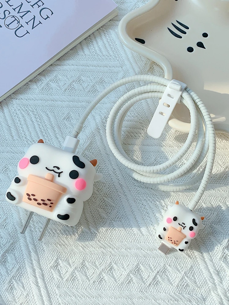 4 chiếc Bảo vệ cáp dữ liệu thiết kế bò & Vỏ đầu sạc - trắng - Xem 1