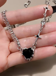 1 件女士黑色心形熔岩项链，酷炫甜美风格。情人节 - 黑色 - 查看 4