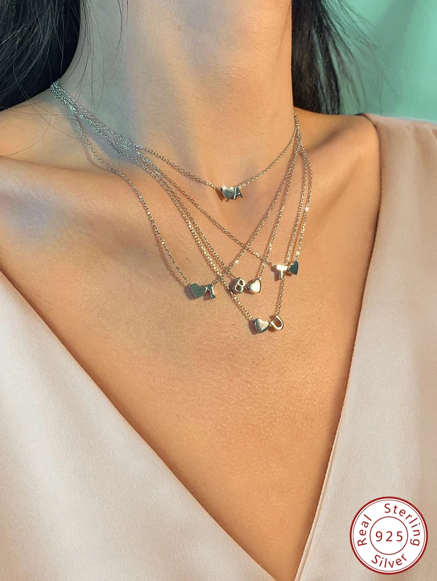 1入組縮寫字母A-Z吊墜或者Love心形墜飾或者裸鏈條樣式項鍊DIYS925純銀珠寶製作母親節情人節生日禮物適合女士 - 銀色 - 查看 1