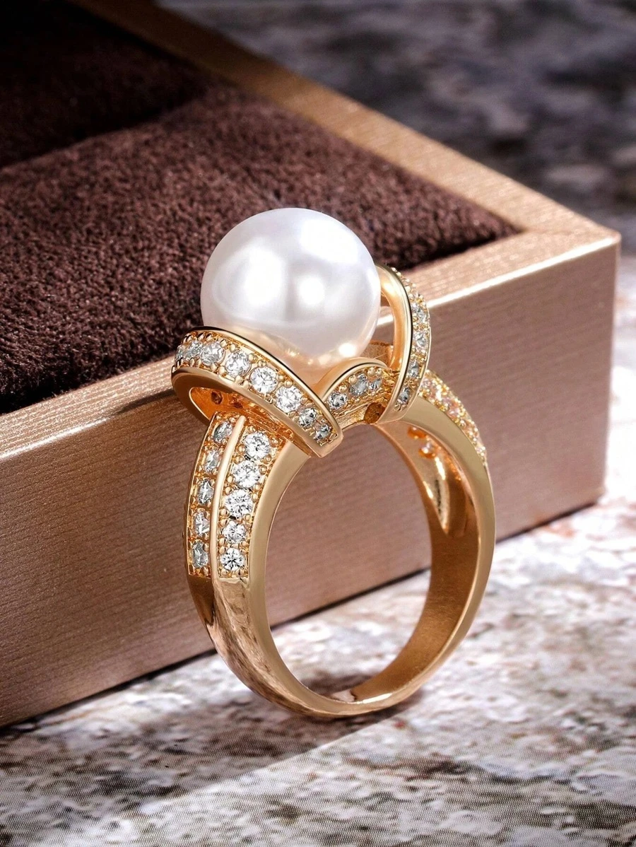 Cubic Zirconia & Faux Pearl Decor Ring