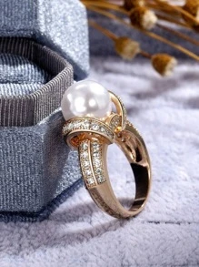 Cubic Zirconia & Faux Pearl Decor Ring