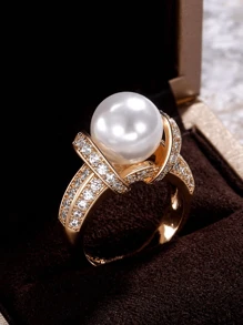 Cubic Zirconia & Faux Pearl Decor Ring
