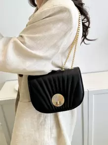Mini Fashionable Turn-lock Flap Crossbody Bag With Stitching Details And Metal Chain Strap - Black - View 4