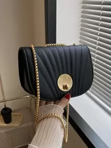 Mini Fashionable Turn-lock Flap Crossbody Bag With Stitching Details And Metal Chain Strap - Black - View 1