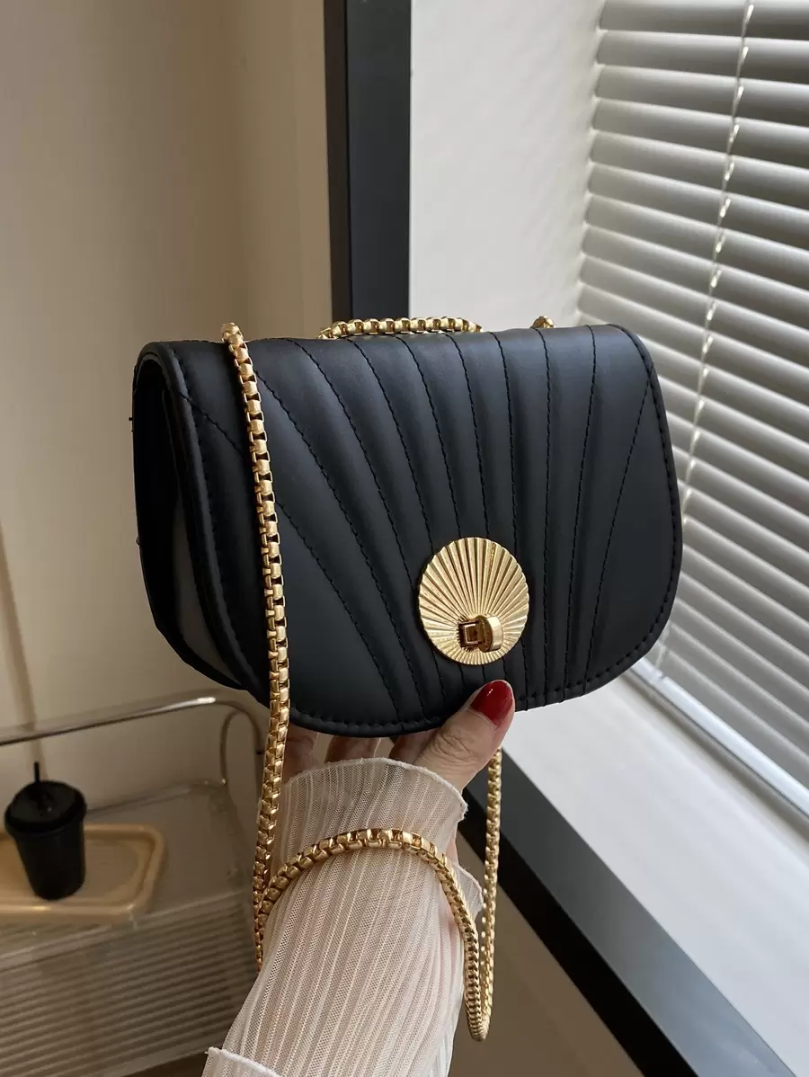 Mini Fashionable Turn-lock Flap Crossbody Bag With Stitching Details And Metal Chain Strap - Black - View 1