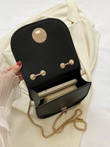 Mini Fashionable Turn-lock Flap Crossbody Bag With Stitching Details And Metal Chain Strap - Black - View 8