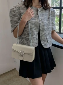 女士单肩包，白色小方包，带水钻锁，Y2K 蝴蝶结斜挎包链条单肩包女士方形钱包，适合日常使用，非常适合音乐节 - 白色 - 查看 4