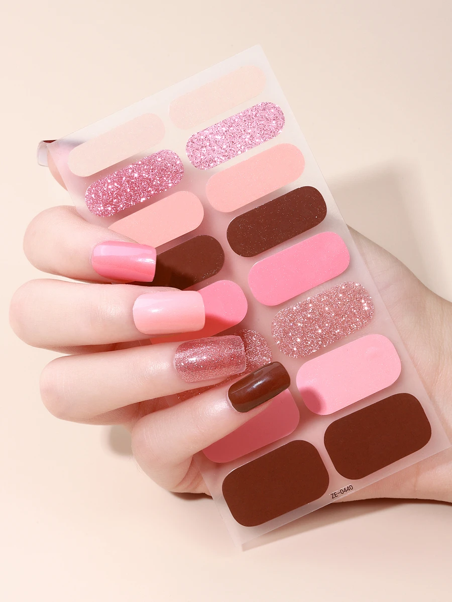 Beauty Sticker 漸層閃光純色指甲油條，1 張美甲貼紙和 1入組指甲銼，女用美甲套裝 - 彩色 - 查看 1