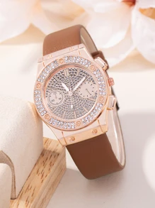 1 Miếng Nâu Dây đeo Duyên dáng Đồ trang trí Rhinestone Tròn Quay số đồng hồ Quartz & 1 Miếng Trang trí Bướm Vòng tay , Để Trang Trí Hàng Ngày - màu nâu - Xem 2