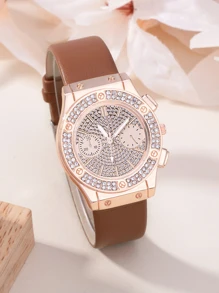 1 Miếng Nâu Dây đeo Duyên dáng Đồ trang trí Rhinestone Tròn Quay số đồng hồ Quartz & 1 Miếng Trang trí Bướm Vòng tay , Để Trang Trí Hàng Ngày - màu nâu - Xem 3