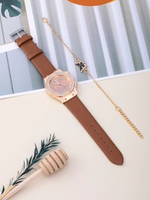 1 Miếng Nâu Dây đeo Duyên dáng Đồ trang trí Rhinestone Tròn Quay số đồng hồ Quartz & 1 Miếng Trang trí Bướm Vòng tay , Để Trang Trí Hàng Ngày - màu nâu - Xem 4