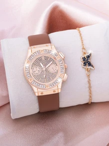 1 Miếng Nâu Dây đeo Duyên dáng Đồ trang trí Rhinestone Tròn Quay số đồng hồ Quartz & 1 Miếng Trang trí Bướm Vòng tay , Để Trang Trí Hàng Ngày - màu nâu - Xem 1
