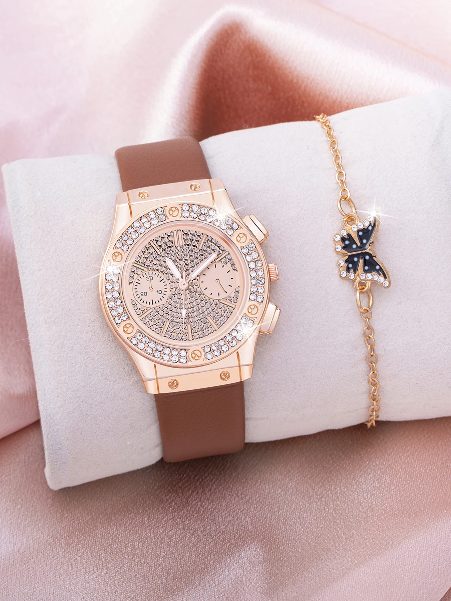 1 Miếng Nâu Dây đeo Duyên dáng Đồ trang trí Rhinestone Tròn Quay số đồng hồ Quartz & 1 Miếng Trang trí Bướm Vòng tay , Để Trang Trí Hàng Ngày - màu nâu - Xem 1